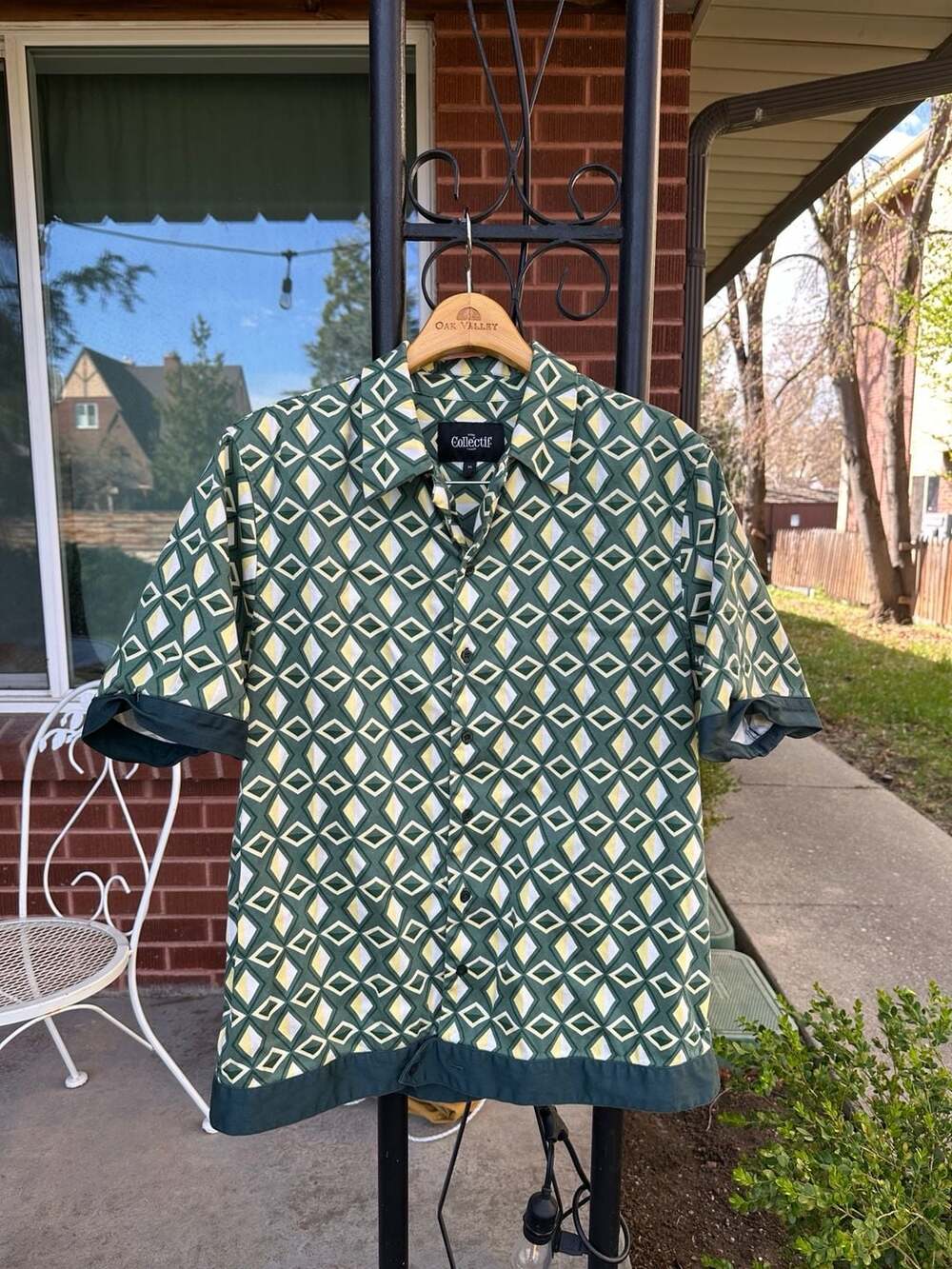 Collectif London Men's Retro Geometric Diamond Bowling Shirt Green XL